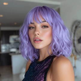 Smilco 2025 Fashion Ladies Purple Wavy Hair Wig Thick Wavy Bangs Suitable for Daily Wear and Role-playing Styling SM210-9.color: Purple BOB, Stretched Length: 16 Inches