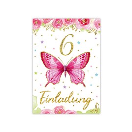 Minkocards 12 Invitation Cards for 6th Children's Birthday Girls Butterfly Invitations Sixth Birthday Children Girls Birthday