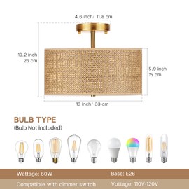CLARSYNE 13" Woven Rattan Boho Ceiling Light Fixture, 3-Light Modern Semi Flush Mount Lamp with Drum Fabric Shade, Rustic Brown Lighting for Bedroom, Dining Room, Living Room, Hallway, Entryway