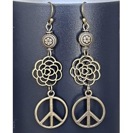Bronze Hippie Dangle Earrings Flowers Peace Love. Jewelry Earrings for Women #3298FE3236