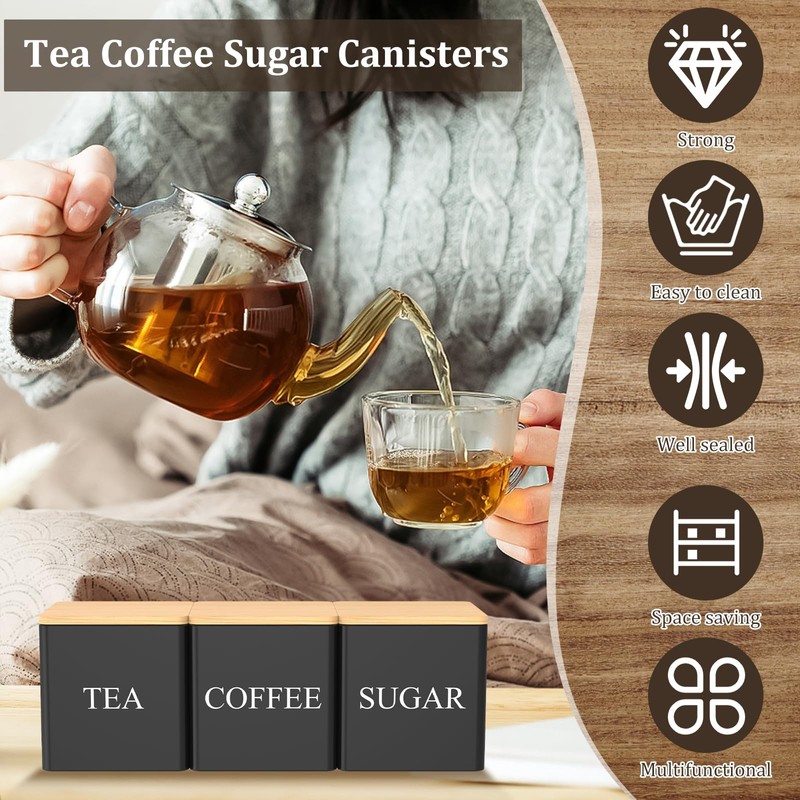 3Pcs Tea Sugar Coffee Canister Set with Bamboo Lids Large