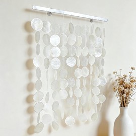 DHHOUSE Coastal Shell Wall Hanging with Silver Rail, Handmade Capiz Shell Wall Art for Home Decor (22" L x 16" W)