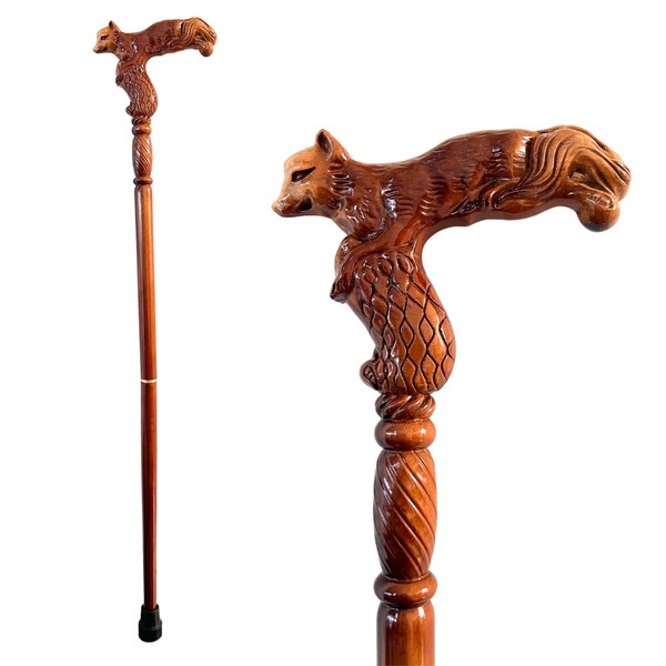 Hand Carved Wooden Walking Cane with Ergonomic Handle and Rubber