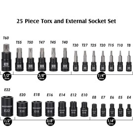 25 Piece Torx Bit and Socket Set, 13 Star Bits (T8- T60) & 12 E-Torx Sockets (E4-E22), Professional Grade Auto & Motorcycle Mechanic Set