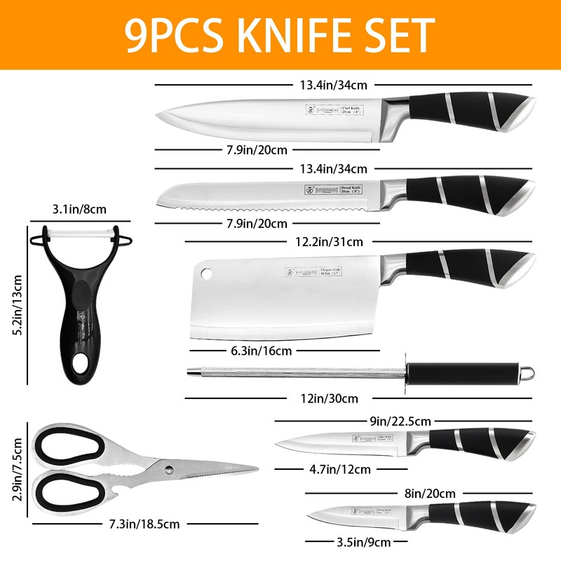Kitchen Knife Set, Retrosohoo 9-Pieces Black Sharp Non-Stick Coated Chef