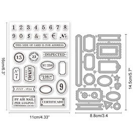 INFUNLY Vintage Labels Silicone Clear Stamps and Metal Cutting Die Sets for Card Making Retro Borders Rubber Stamps Number Die Cuts Embossing Stencils Template for DIY Scrapbooking Album Craft Decor