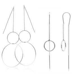 Silvershake 2 Pair Set White Gold Plated 925 Sterling Silver 2 Dangling Hoop Threader Earrings