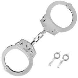 vulcanforce Handcuffs Law Enforcement - Heavy Duty Steel Chain Hand Cuffs - Includes 2 Keys - Extra Sturdy Double Lock - 16 Locking Positions Fit Most Wrists - Perfect for Security, Training (Silver)