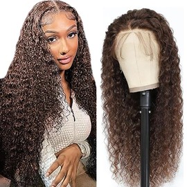 Weeybay Real Hair Wig for Women Wigs Water Wave Human Hair Wig 4x4 Lace Closure Chocalate Brown 150% Density Unprocessed Remy Hair Glueless for Woman 24 Inches
