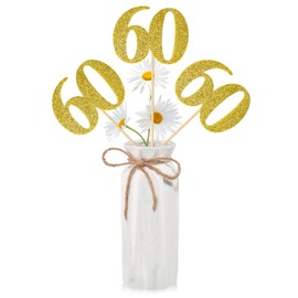 16 PCS 60th Birthday Centerpiece Sticks Double Sided Gold Glitter 60th Anniversary Party Centerpieces for Tables Number 60 Vase Decorations Supplies
