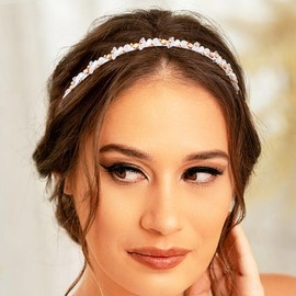 Formery Beaded Headband White Pearl Crystal Hairband Party Prom Wedding Handmade Rhinestone Beads Headpiece for Women and Girls