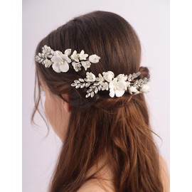 Teyglen Flower Bridal Hair Pins Crystal Pearl Bride Wedding Hair Accessories Floral Flower Rhinestone Hair Piece Decorative White Flower Hair Pins for Women (Silver)