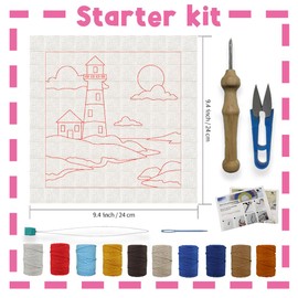 INFUNLY 2PCS Sea Lighthouse Punch Needle Embroidery Kit for Beginners Beacon DIY Punch Needle Starter Kit Lighthouse Handcraft Hooking Set with Printed Pattern Instruction for Festival Gift Home Decor
