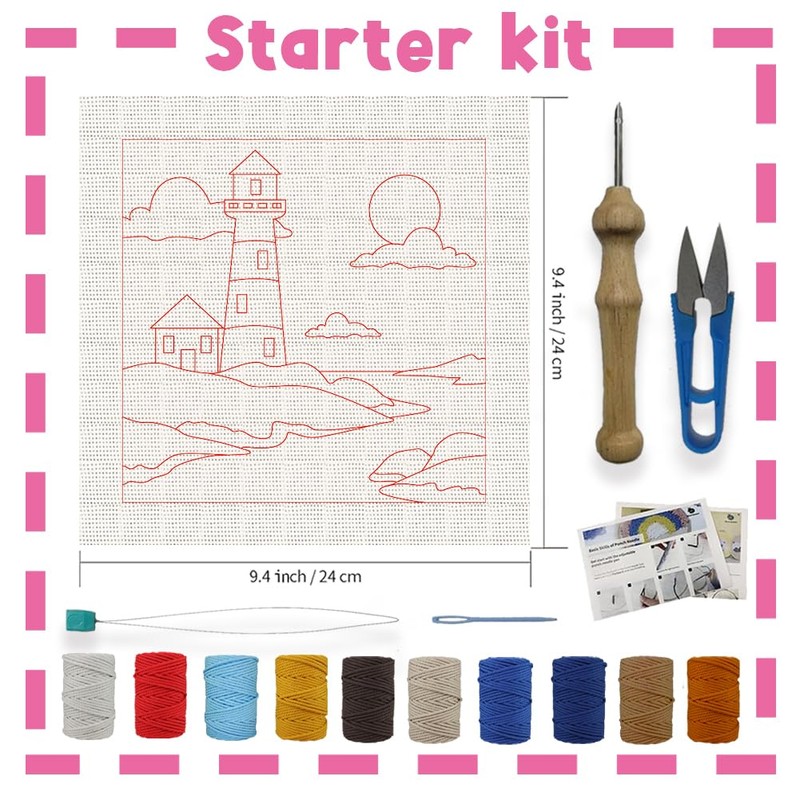 INFUNLY 2PCS Sea Lighthouse Punch Needle Embroidery Kit for Beginners