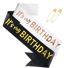 JJUNW 2Pcs Birthday Sash for Women, It's My Birthday Sash, Black and White Sashes Happy Birthdays, Rose Gold Party Decoration for Men Cheers to Decorations Supplies