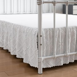 Tufted Bed Skirt Queen Size, Ruffled Bed Skirt with Split Corners, Queen Bed Skirt 18 Inch Drop, Square Boho Queen Size Bed Skirt White for Ruffled Bed Skirts, Bed Skirt Queen Size
