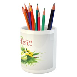 Ambesonne Easter Pencil Pen Holder, Spring Season Foliage with Blooming Flowers Ladybugs and Butterflies Illustration, Printed Ceramic Pencil Pen Holder for Desk Office Accessory, Multicolor