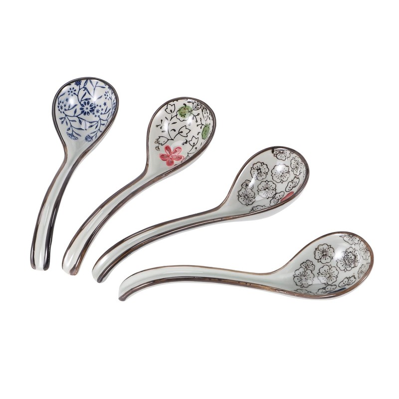 Oidnvay 4 Pieces Asian Retro Ceramic Rice Spoons Curved Handle