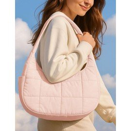 TKWEO Small Puffer Crescent Shoulder Bag for Women, Nylon Quilted Puffy Handbags Hobo Purse with Adjustable Strap, Pink, One Size