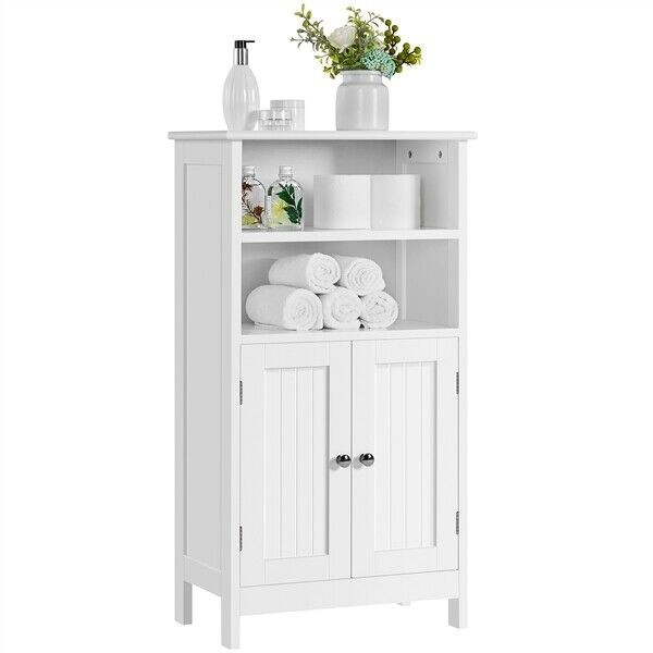 5-Tier Bathroom Floor Cabinet Storage Organizer Shelves with Door Cupboard White