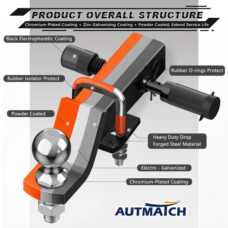 AUTMATCH Trailer Hitch Ball Mount with 2 Inch Hitch Ball