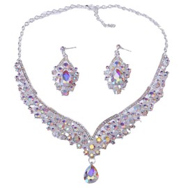 J's select Women's Belly Dance Ballroom Dance Party Necklace Earrings Aurora Tone (Silver Aurora), Crystal Glass, Rhinestone