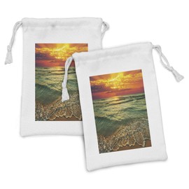 Lunarable Ocean Fabric Pouch Set of 2, Serenity View of Mystic Sunset at Dusk Dense Clouds Wavy Sea and Beach, Small Drawstring Bag for Toiletries Masks and Favors, 9" x 6", Teal Orange and Brown