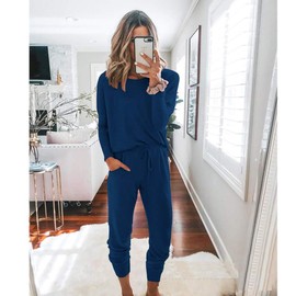 PRETTYGARDEN Women's 2024 Fall Two Piece Outfit Long Sleeve Crewneck Pullover Tops And Long Pants Tracksuit (Dark Blue,Medium)