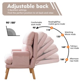 CANMOV Modern Accent Chair with Ottoman, Soft Fabric Armchair with Adjustable Backrest and Side Pockets, Comfy Lounge Chair for Living Room, Bedroom, Apartment, Office, Pink