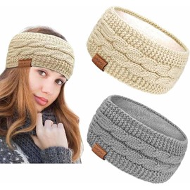 PROPOG Winter Knitted Headbands for Women's Hair, 2 Pack Thermal Ear muffs Fleece Ear Warmers for Women Soft Hairbands Lining Hair Wrap Christmas Hair Accessories Gifts for Running Workout Skiing