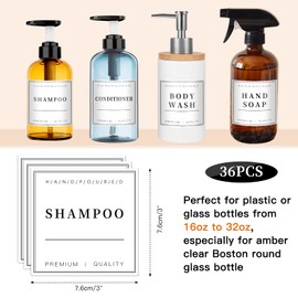 36PCS Waterproof Labels for Bottles, Hand Soap Lotion Shampoo and Conditioner Dispenser Label Stickers, Removable Cleaning Bathroom Labels for Glass or Plastic Bottles