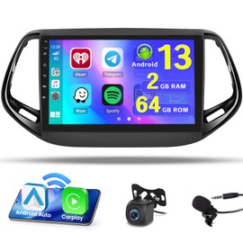 Hikity [2+64G] Android 13 Car Stereo for Jeep Compass 2017-2020 with Wireless Carplay Android Auto, 9 Inch Touchscreen GPS WiFi Bluetooth FM RDS SWC Mic Backup Camera