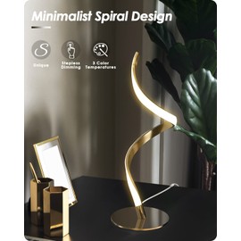 Yarra-Decor Modern Spiral Bedside Lamp - 3 Colors Touch Control LED Table Lamp, Stepless Dimmable Nightstand Lamps for Bedroom Living Room & Office, Gold(3000K 4000K 5000K)