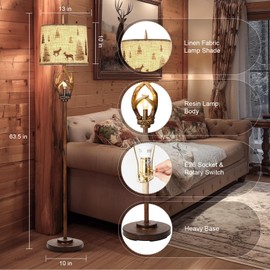 Scenekoy Rustic Farmhouse Antlers Floor Lamp with Nightlight Brown Finish Round Shade Lamps for Living Room Bedroom Office Study House