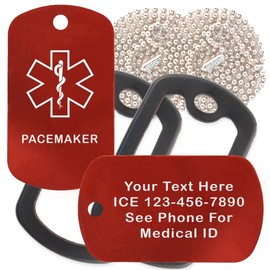 Custom 2 Pack - Pacemaker Medical Alert ID Necklaces with Red Custom Tags, Black Silencers, and 30'' USA Chains