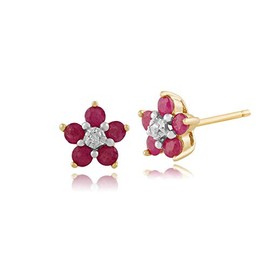 Gemondo 9ct Yellow Gold Round Five Ruby & Diamond Floral Cluster Stud Earrings