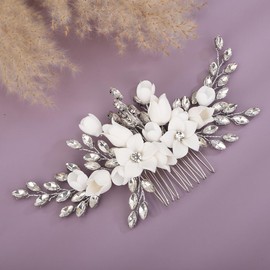 Teyglen Silver Rhinestone Flower Headpiece Crystal Bride Wedding Hair Comb for Wedding Hair Accessories Rhinestone Hair Side Comb Bridal Hair Piece for Women Girls(Silver)