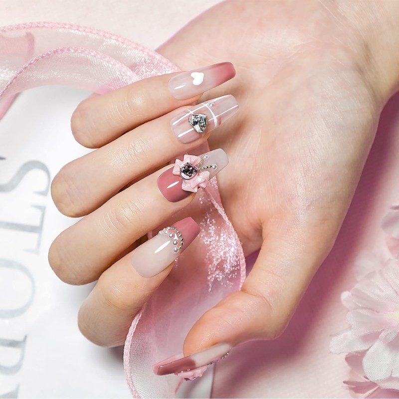 JODSONE Press on Nails 3D Handmade Pink Bow Rhinestone Jelly