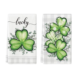 Artoid Mode Plaid Shamrock Eucalyptus St. Patrick's Day Kitchen Towels Dish Towels, 18x26 Inch Lucky Farmhouse Holiday Decoration Hand Towels Set of 2