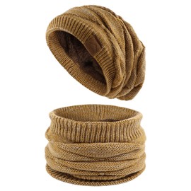 PESAAT Men Women Winter Hat Scarf Set Fleece Lined Beanie Neck Warmer Winter Knitted Hats for Men (Caramel Hat Scarf)