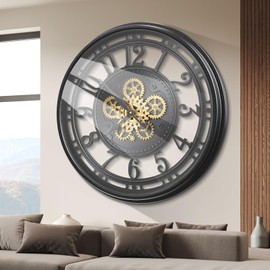 Tottshak Real Moving Gears Wall Clock Large Modern Metal Clocks for Living Room Decor, Industrial Steampunk Vintage Rustic Decorative Clock for Home Farmhouse Office (Black Gold, 21 Inch)