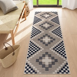 Beeiva Boho Checkered Carpet Runners for Hallway 6ft, Black Non Slip Washable Kitchen Runner Rug 2x6, Ultra Thin Stain Resistant 2x6 Rug for Entryway Bathroom Bedroom Laundry, Black