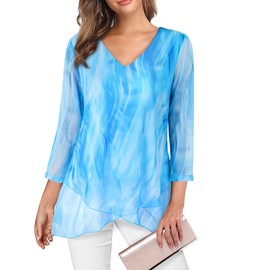 SeSe Code - Blusa de manga 3/4 para mujer, con dobladillo asimétrico, camisa ligera de malla, Azul, M