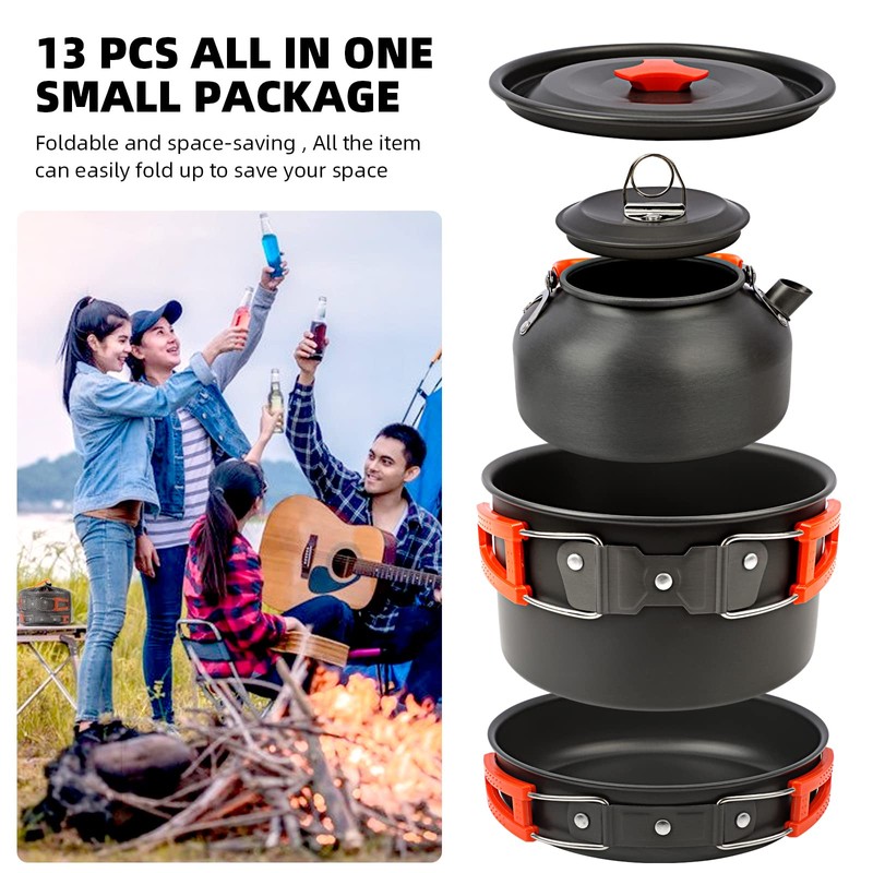 VIPITH 13Pcs Camping Cookware Set, Orange, Aluminum Alloy & Stainless