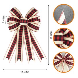 Christmas Tree Topper Christmas Tree Topper Buffalo Plaid Red Black Beige Burlap Decorative Wreath Bow,Handmade Rustic Farmhouse Banister Bows for Xmas Decorations Home Decor