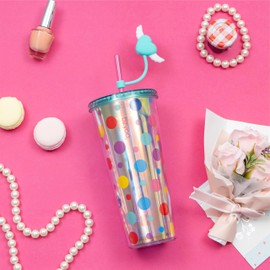 bzyoo 24 oz SIP Tumbler with Heart-Shaped w/Wing Straw Cap Cover– Cute DotDot Design Iridescent Tumbler, BPA-Free Cup with Lid and Straw, Perfect for Iced Coffee, Tea, Party and Gift