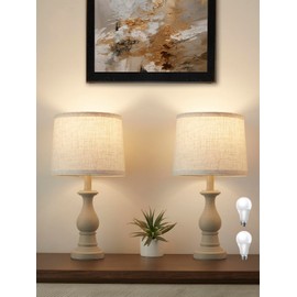Hikczc Vintage Table Lamp for Living Room Bedroom, 18.5" Farmhouse Bedside Lamps Nightstand Lamp Set of 2, Table Lamps with Oatmeal Linen Lamp Shades, 2 LED Bulbs Included, White