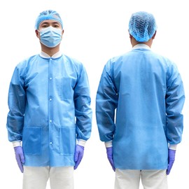 Greenour Pack of 10 Lab Coats Disposable Blue SMS Short Jackets with Knitted Cuffs and Collar (Large)