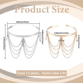 CABODYALS 2Pcs Silver Gold Cross Tassel Cuff Bracelet Upper Arm Rhinestone Layered Chain Bangle Bracelets Glitter Shining Summer Beach Metal Arm Jewellery for Women Party Dresses Costume Clubs Decor