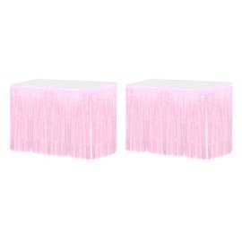sourcing map 2 Pcs 29x108 Inch Light Pink Metallic Foil Fringe Tinsel Table Skirts for Rectangle Tables Tinsel Backdrop Curtain for Wedding Birthday Party Decoration